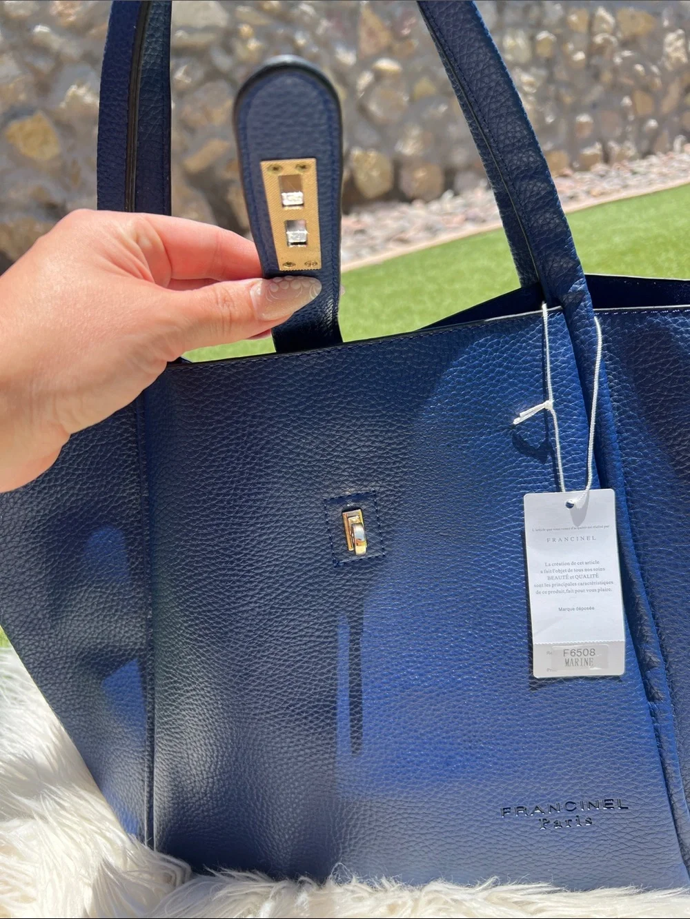 Pebbled Navy Leather Tote with Gold Hardware - Picture 6 of 12